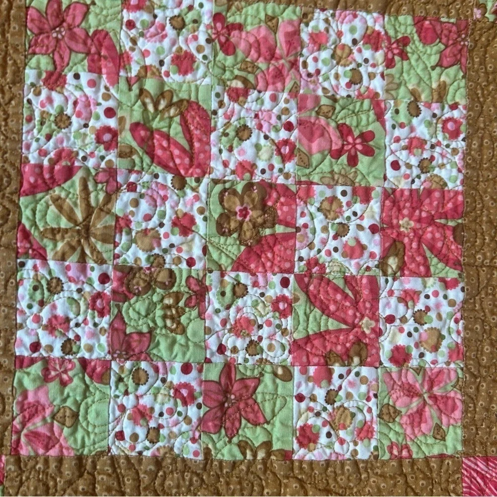 Vintage Handmade Quilt Floral Fleece Squares Reversible Pink Cosy Cottage Core